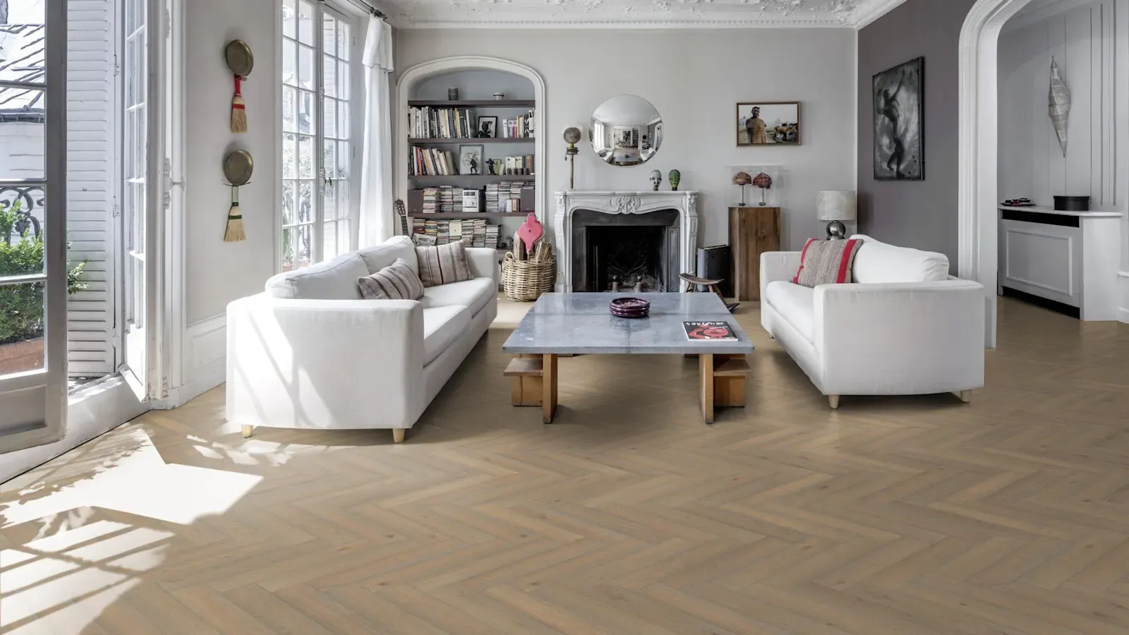 OAK HERRINGBONE CC VINTAGE WHITE trong không gian phòng