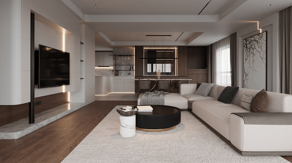 An open layout connects the living room, dining area, and kitchen in a seamless flow, creating a sense of openness while still maintaining warmth and intimacy.