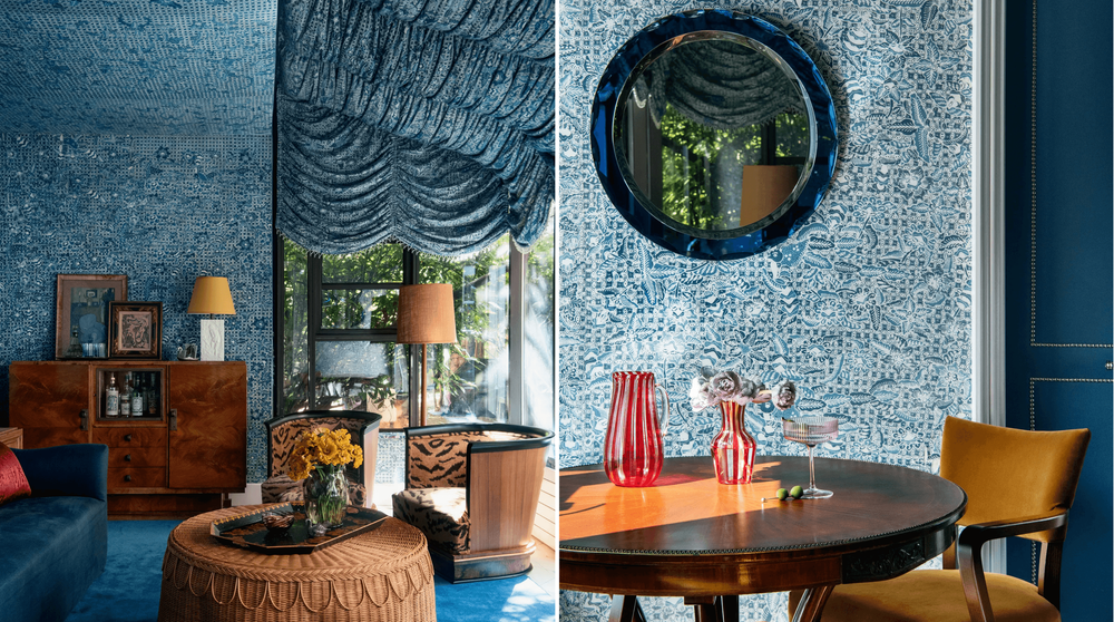 The Brooklyn home of fashion influencer Courtney Grow, designed by Miles Redd and Olivia Snow, is distinguished by a vibrant palette of blues accented with rich jewel tones. Together, these hues create an interior that feels both dynamic and layered with depth.