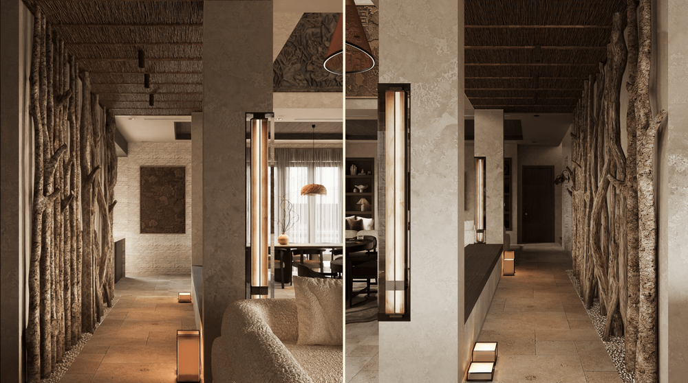 Natural timber elements are woven into the architecture as sculptural accents, lending a sense of warmth, texture, and quiet nostalgia to the journey through the home.