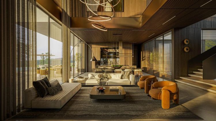 Không gian Modern Luxury sử dụng vách kính lớn để kết nối với sân vườn bên ngoài