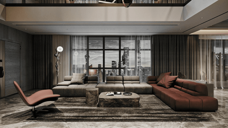 The combination of a substantial double-height volume and panorama glazing gives the duplex apartment its stately beauty and redefines the elite standard of living