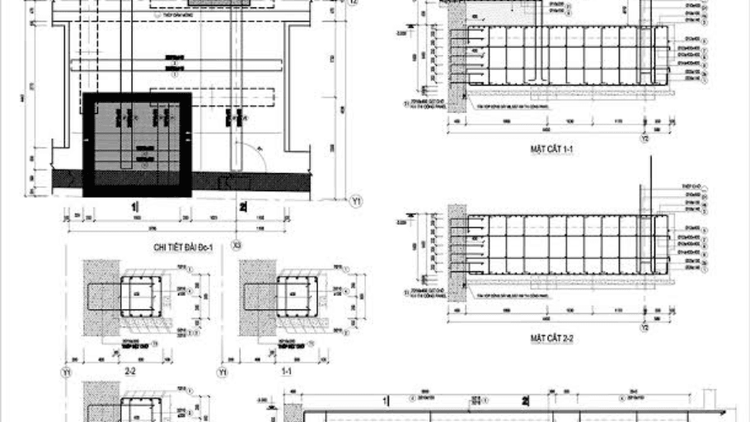 Hồ sơ kết cấu thân nhà thể hiện vị trí, kích thước cột, dầm, sàn và các cấu kiện chịu lực từng tầng